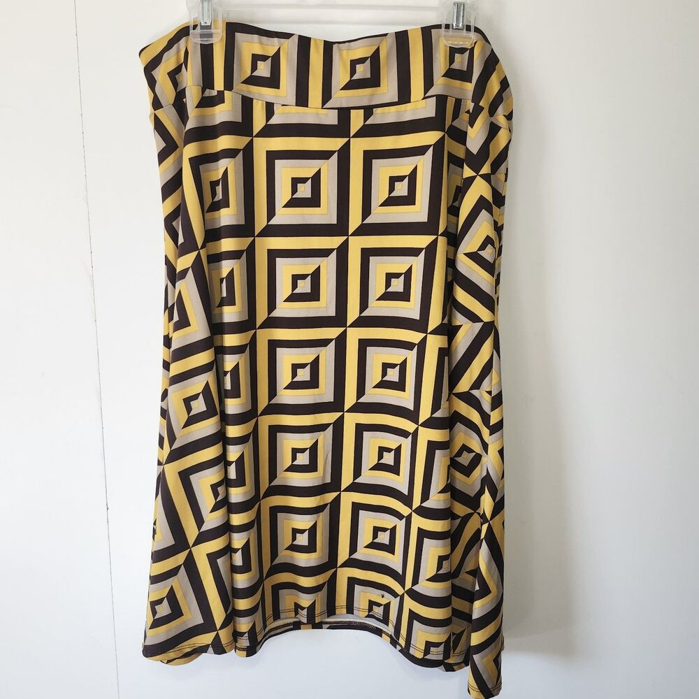 Cato 18/20W Geometric 70s Print Midi Skirt Yellow Black Pull On Stretch - Picture 1 of 8